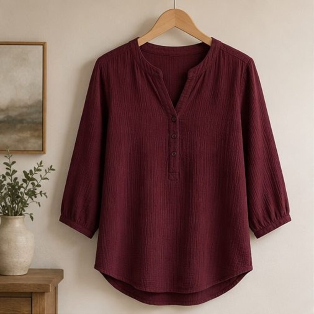 Burgundy Henley Notch Neck Blouse